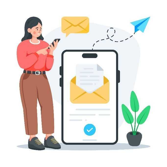 An illustration of a woman in a red sweater standing next to a large smartphone, sending an email. A paper plane and envelope icon float above the screen with a blue checkmark below.