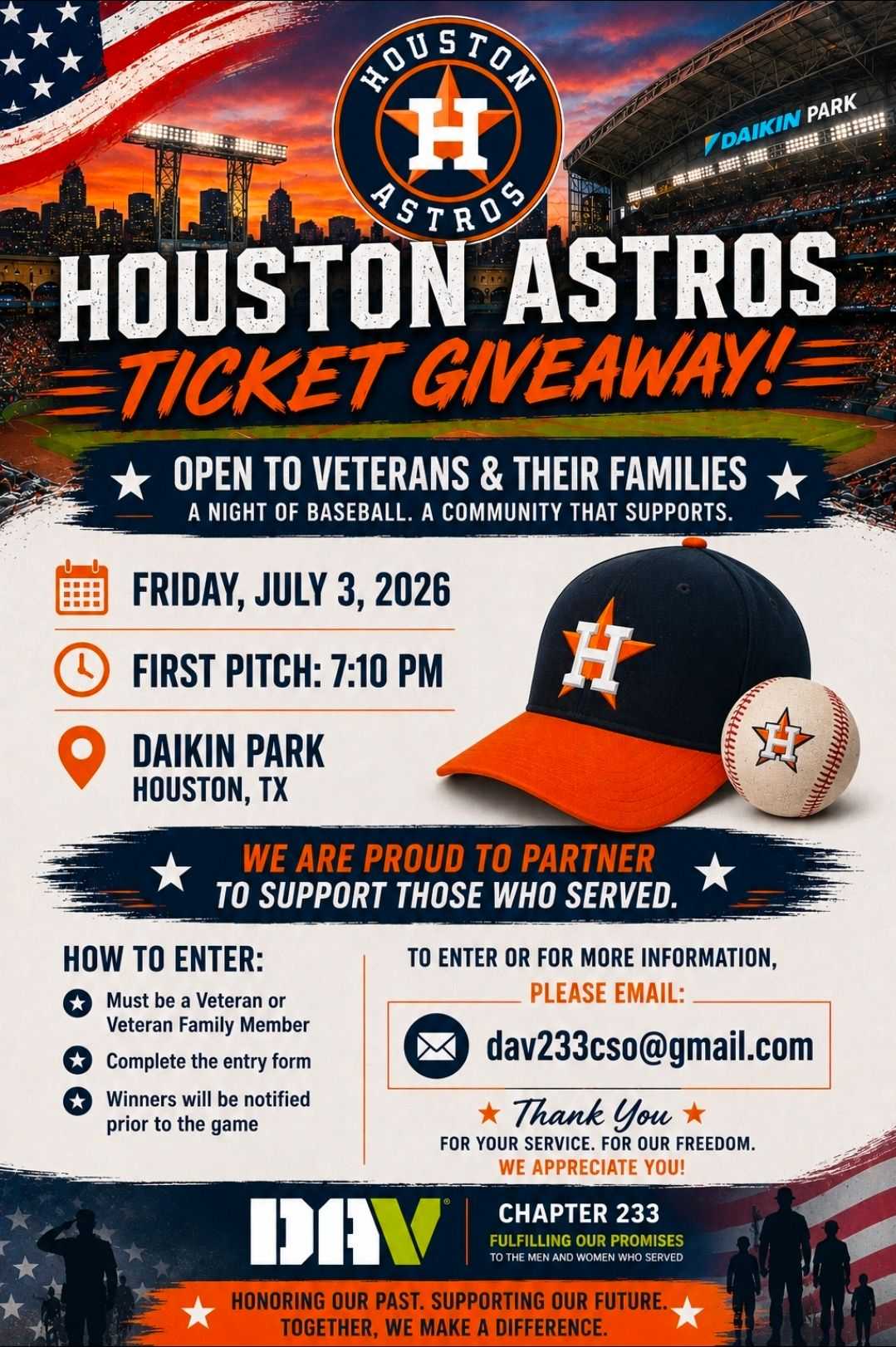 Veterans and their families are invited to enter for a chance to receive tickets to the Houston Astros game on Friday, July 3, at Daikin Park.