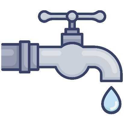 An illustration of a grey outdoor water faucet or spigot attached to a pipe, with a single blue water drop falling from the nozzle against a white background.