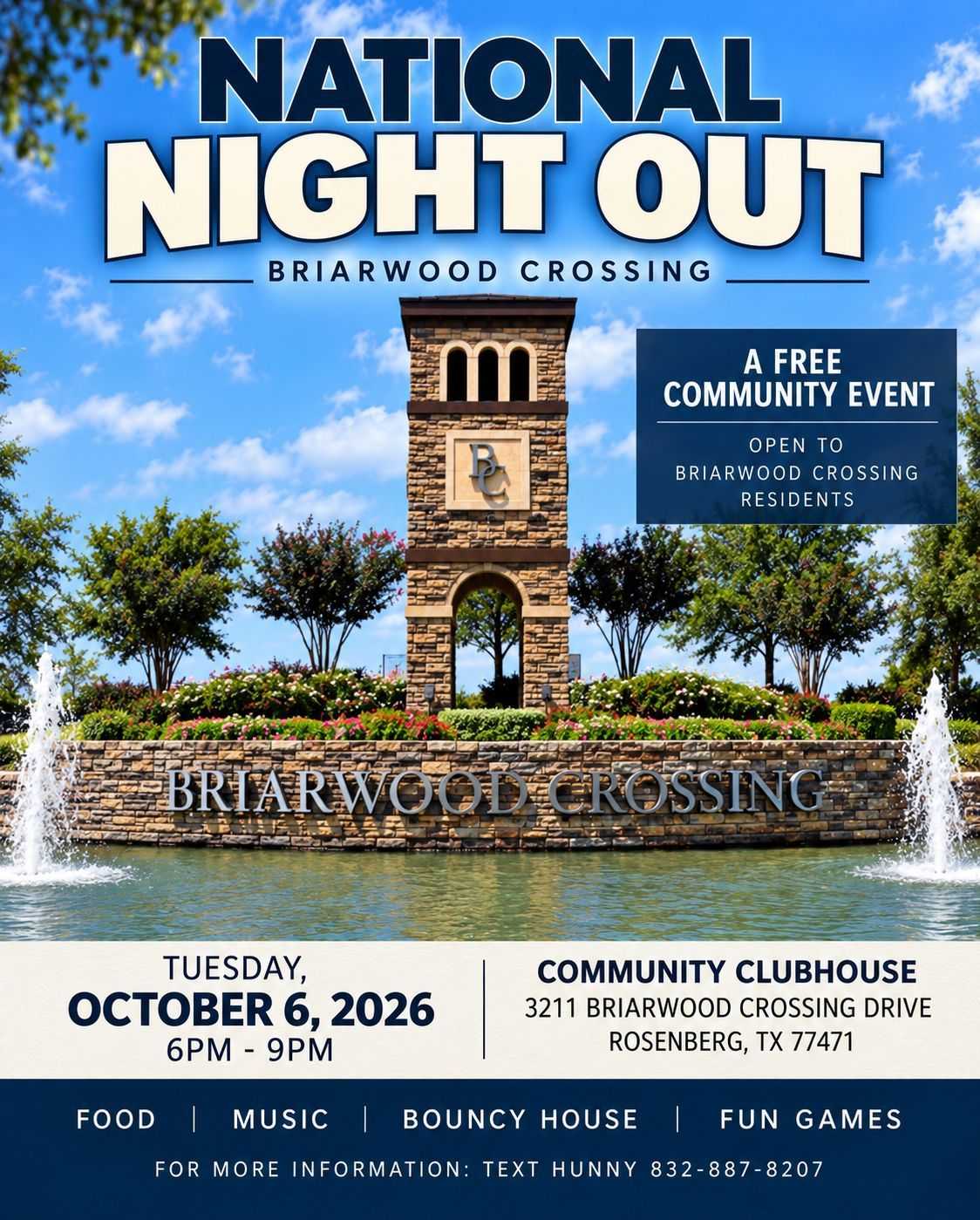 Flyer for Briarwood Crossing National Night Out on October 6, 2026, from 6 to 9 p.m. at the Community Clubhouse in Rosenberg, featuring food, music, games, and a bounce house.